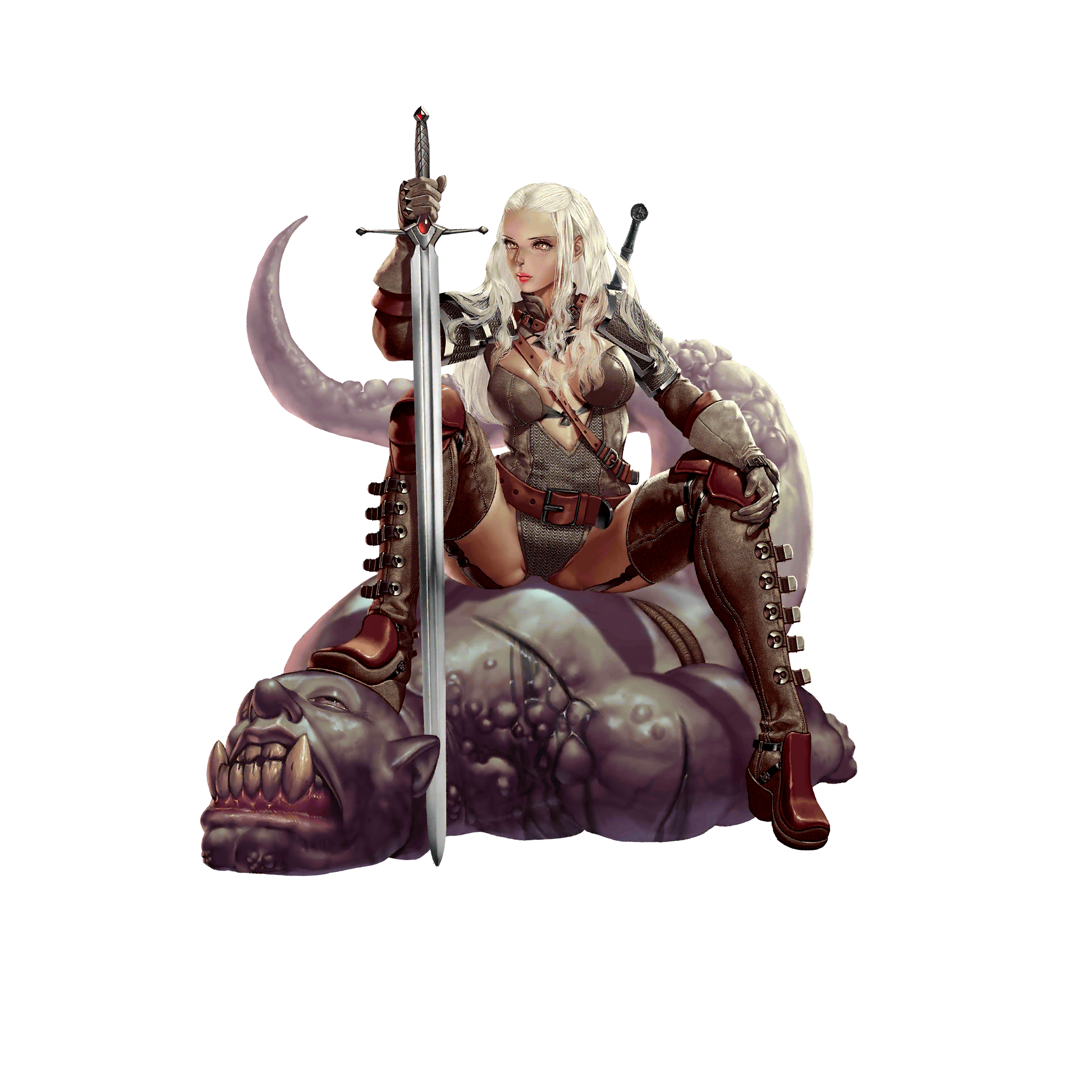 crystal maiden (series), artist request, game cg, highres, official art, variant set, 1girl, armor, belt, between breasts, boots, breasts, chainmail, full body, giselle (crystal maidens), groin, hair over shoulder, holding, holding sword, holding weapon, monster, shoulder armor, sitting, solo, strap between breasts, sword, sword on back, transparent background, weapon, weapon on back, white hair, yellow eyes