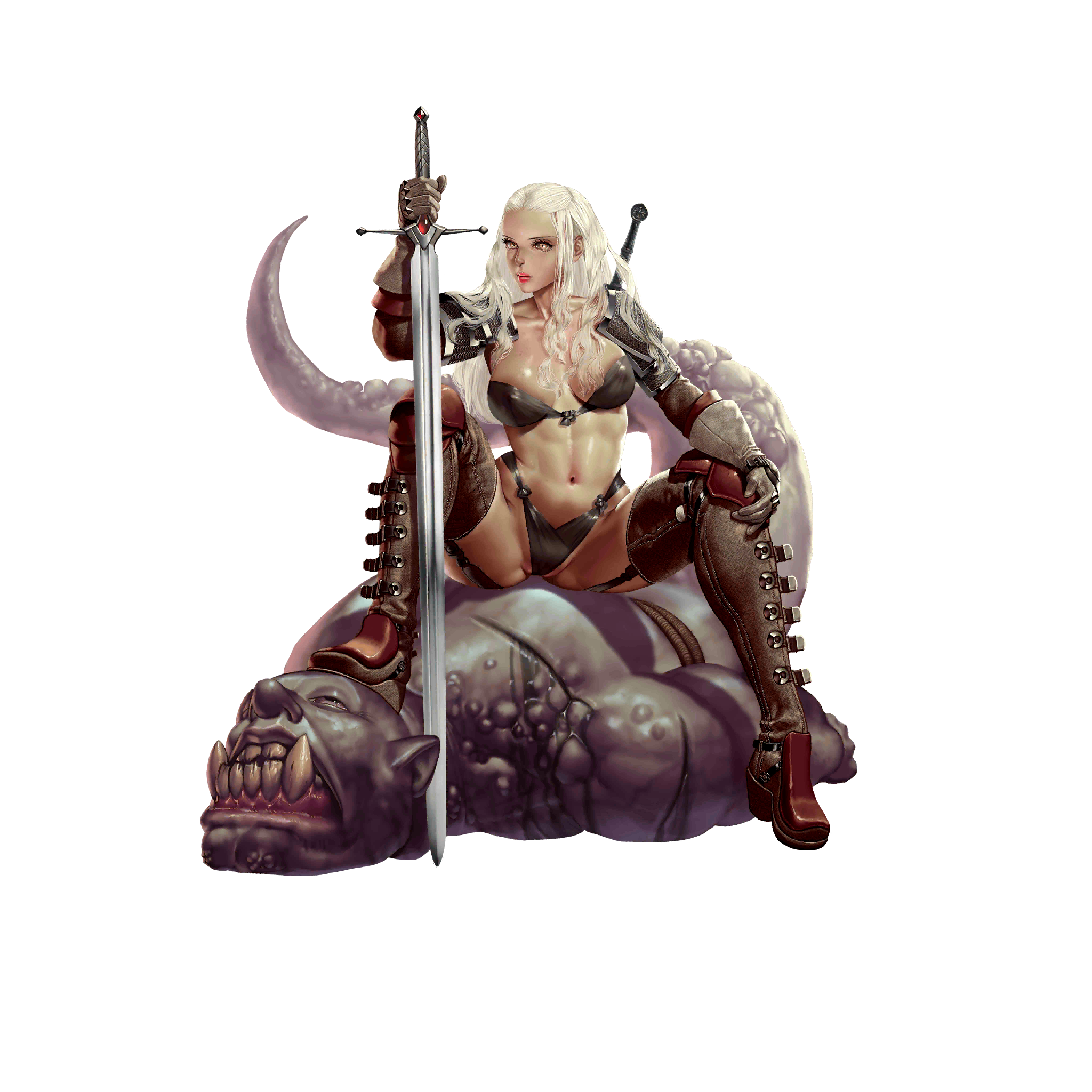 crystal maiden (series), artist request, game cg, highres, official art, variant set, 1girl, armor, belt, between breasts, bikini armor, black bra, boots, bra, breasts, chainmail, full body, giselle (crystal maidens), groin, hair over shoulder, holding, holding sword, holding weapon, monster, navel, shoulder armor, sitting, solo, sword, sword on back, transparent background, underwear, weapon, weapon on back, white hair, yellow eyes