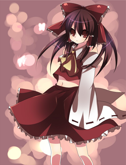 kokoro na, hakurei reimu, touhou, 1girl, blush, brown hair, detached sleeves, female focus, hair tubes, long sleeves, looking at viewer, navel, ponytail, red eyes, red skirt, ribbon-trimmed sleeves, ribbon trim, sidelocks, skirt, solo, vest