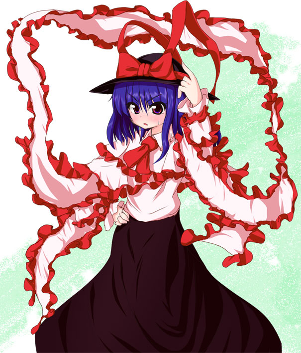 pilky, nagae iku, touhou, 1girl, black hat, black skirt, cowboy shot, female focus, frills, hat, hat ribbon, looking at viewer, purple hair, red eyes, ribbon, shawl, shirt, short hair, skirt, solo, white shirt