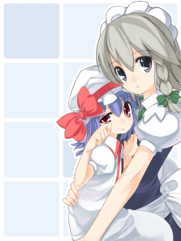 shouji ayumu, izayoi sakuya, remilia scarlet, team shanghai alice, touhou, 2girls, apron, blue dress, braid, carrying, dress, female focus, hat, height difference, looking at viewer, maid headdress, mob cap, multiple girls, paw pose, puffy short sleeves, puffy sleeves, red eyes, short sleeves, tareme, twin braids, waist apron