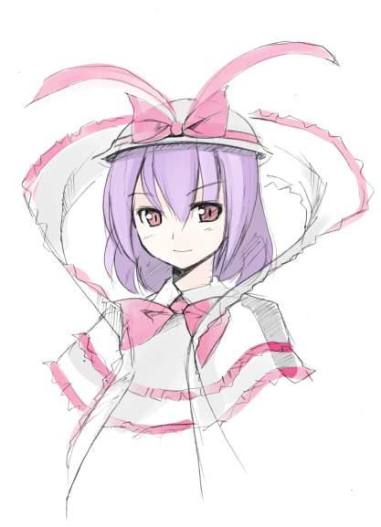 seo tatsuya, nagae iku, touhou, 1girl, bow, bowtie, capelet, female focus, looking at viewer, pink bow, pink bowtie, purple hair, red eyes, short hair, simple background, solo, upper body, white background