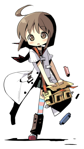 tsukigami runa, medic (sekaiju), medic 2 (sekaiju), atlus, etrian odyssey, lowres, 1girl, ahoge, bag, brown eyes, female focus, shoulder bag, solo, spill, thighhighs
