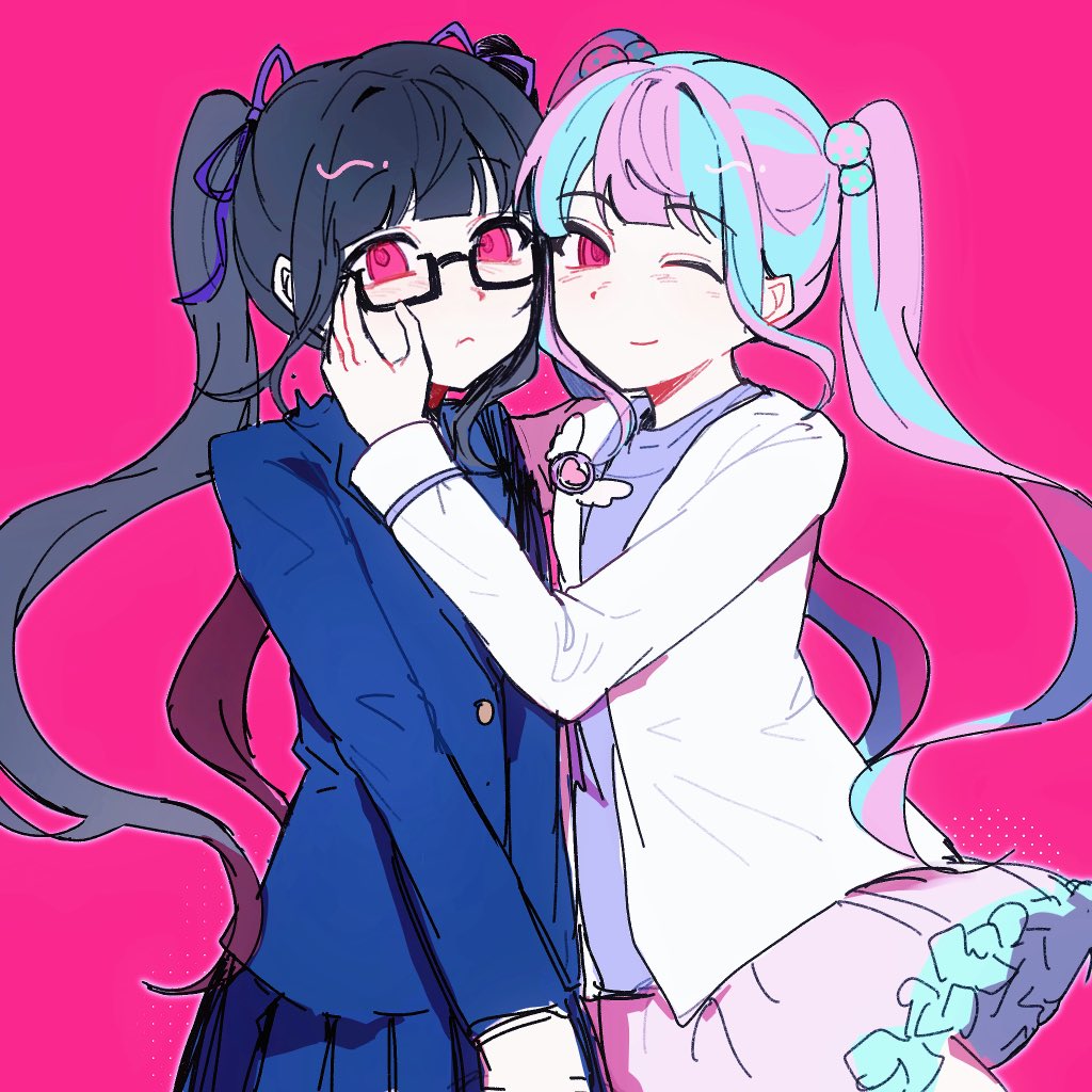 nyubara reona, bang dream!, > o, 2girls, :<, black-framed eyewear, black hair, blazer, blue hair, blue jacket, blunt bangs, blush, brooch, chiffon skirt, frilled skirt, frills, glasses, hair bobbles, hair ornament, hair ribbon, hand on another's cheek, hand on another's face, hand on another's head, hand up, holding, jacket, jewelry, long hair, long sleeves, looking at viewer, lower body, multicolored hair, multiple girls, one eye closed, pink background, pink hair, pleated skirt, purple shirt, red eyes, ribbon, school uniform, semi-rimless eyewear, shirt, sidelocks, skirt, smile, tutu, twintails, two-tone hair