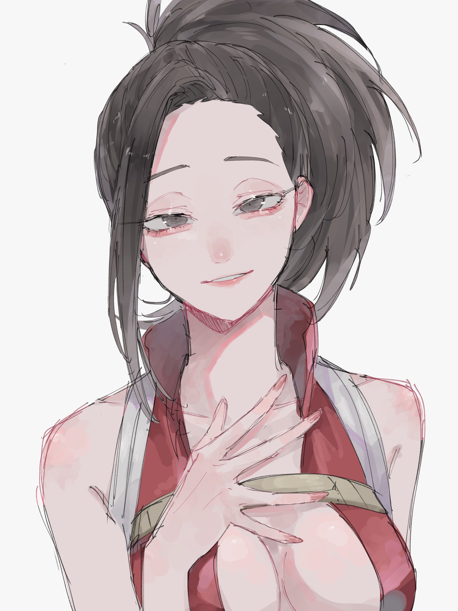 tsu yu ne, yaoyorozu momo, boku no hero academia, highres, 1girl, aegyo sal, breasts, brown hair, cleavage, eyelashes, high collar, looking at viewer, parted lips, pink nails, ponytail, simple background, single sidelock, smile, upper body, white background
