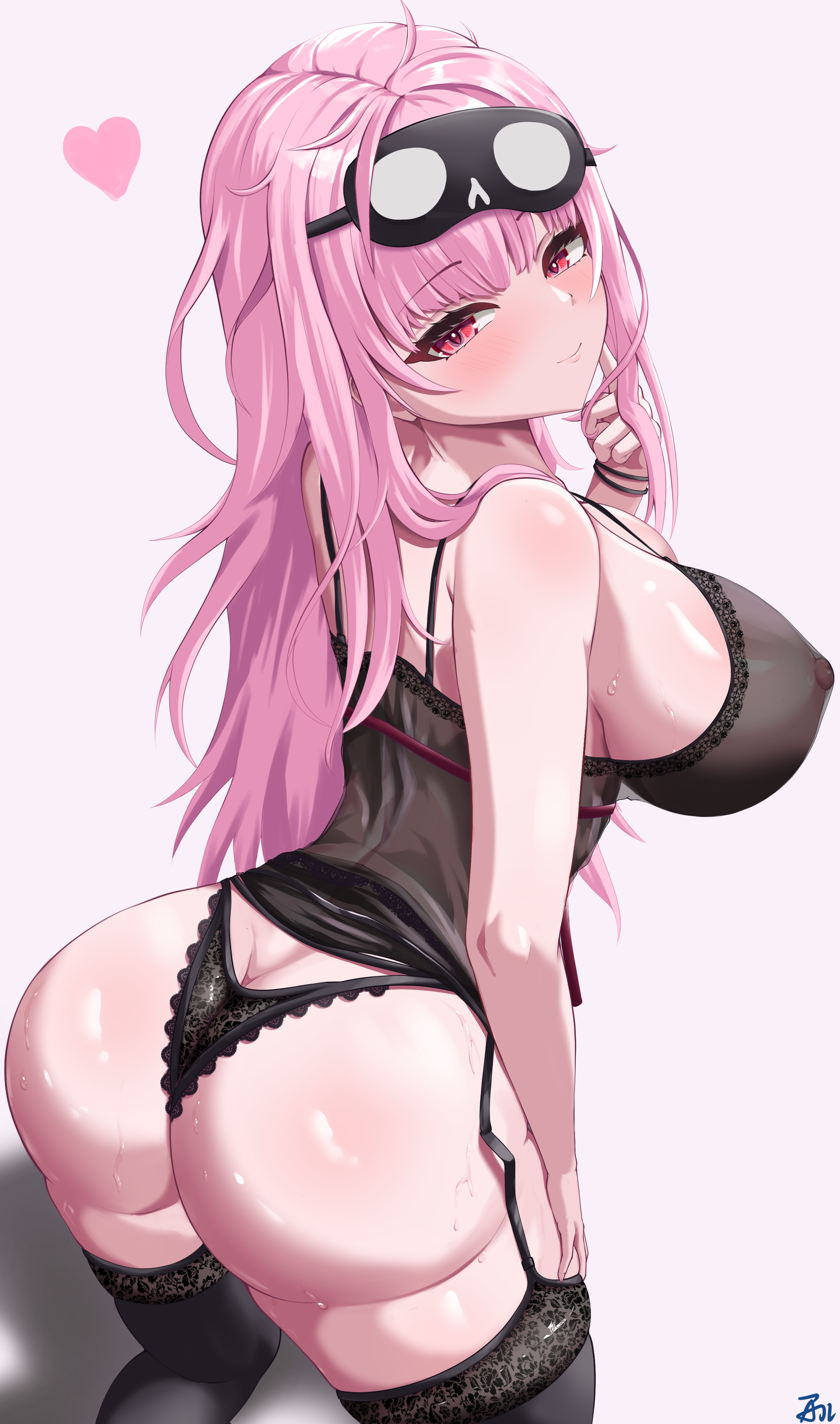 armanditto, mori calliope, mori calliope (sleepwear), hololive, hololive english, absurdres, highres, 1girl, artist name, ass, bare shoulders, belt, black camisole, black thighhighs, blush, breasts, camisole, cleavage, closed mouth, collarbone, large breasts, long hair, official alternate costume, pink hair, shiny skin, signature, sitting, smile, thighhighs, thighs, virtual youtuber, white background