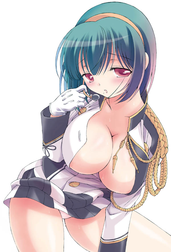 hogeroh, otonashi kotori, idolmaster, idolmaster (classic), 00s, 1girl, aqua hair, areola slip, band uniform, blush, breasts, cleavage, clothes lift, embarrassed, female focus, hairband, headset, huge breasts, leaning forward, long hair, microphone, mole, mole under mouth, no bra, open clothes, open mouth, open shirt, panties, pantyshot, pleated skirt, red eyes, rope, shirt, simple background, skirt, skirt lift, solo, sweat, thighs, underwear, upskirt, white panties