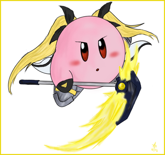 bardiche (nanoha), fate testarossa, kirby, kirby (series), lyrical nanoha, mahou shoujo lyrical nanoha, nintendo, grey footwear, 00s, 1boy, alien, black gloves, blonde hair, blush, cape, copy ability, electricity, fusion, gloves, hair ribbon, long hair, looking at viewer, metal shoes, no humans, open mouth, red eyes, ribbon, scythe, shoes, twintails, weapon, white cape