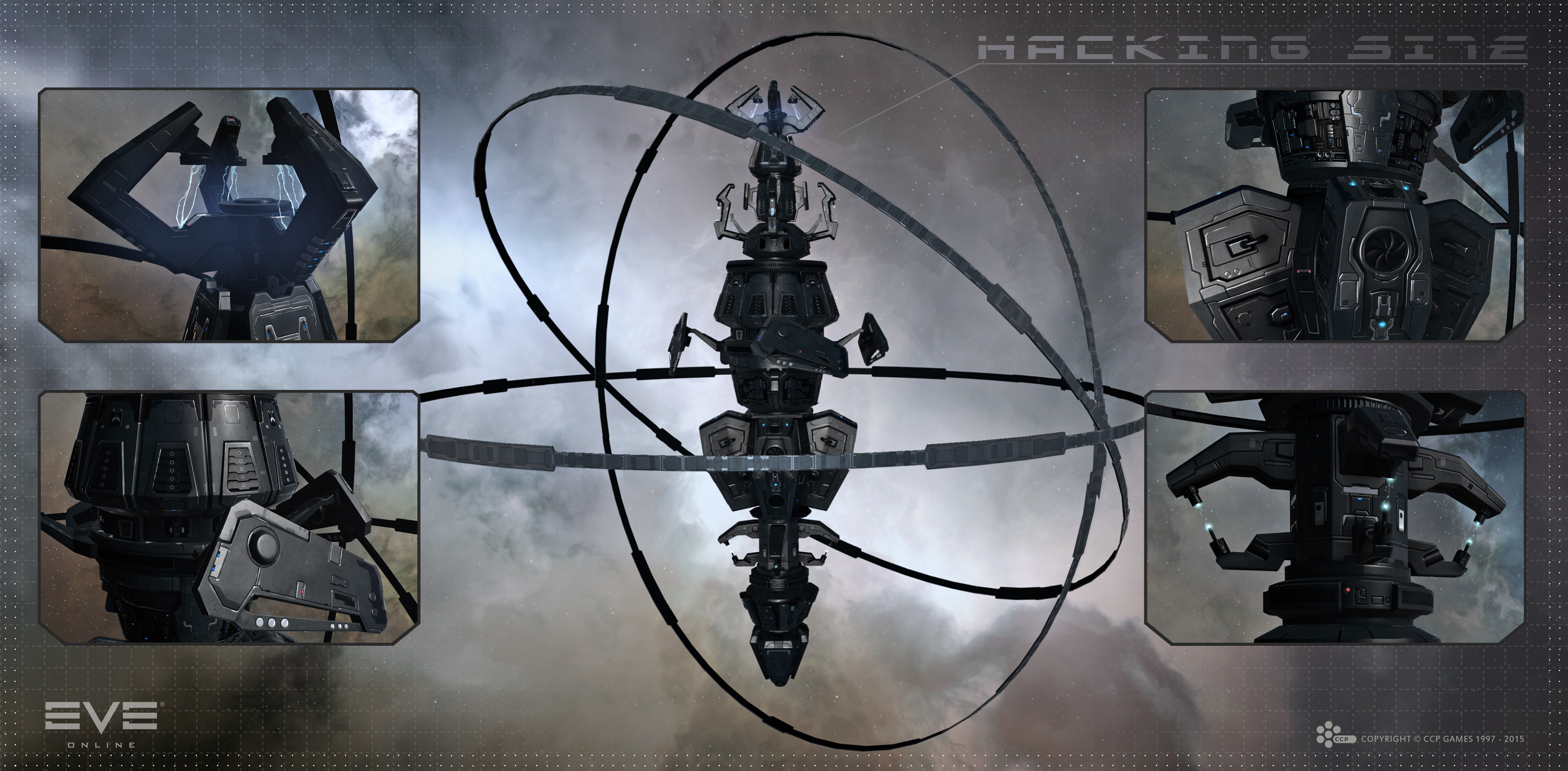 eve online, absurdres, commentary, english commentary, highres, maya (medium), official art, 3d, building, cloud, company logo, company name, copyright logo, copyright name, data site (eve online), dated, electricity, glowing, grid, logo, no humans, outdoors, realistic, science fiction, space station, ymir jonsson