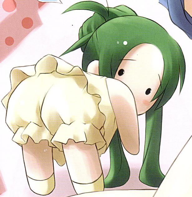 churuya, suzumiya haruhi no yuuutsu, scan, 00s, 1girl, ass, bent over, bloomers, blush stickers, chibi, female focus, green hair, long hair, looking at viewer, looking back, solo, underwear
