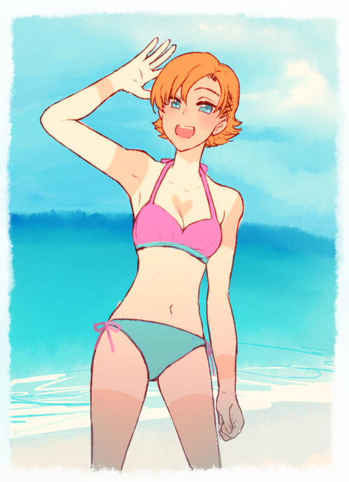 sora (efr), nora valkyrie, rwby, commentary request, 1girl, aqua eyes, arm up, bikini, border, breasts, cleavage, cowboy shot, navel, open mouth, orange hair, short hair, smile, solo, stomach, swimsuit, tan, tanline, teeth, upper teeth only, water, white border