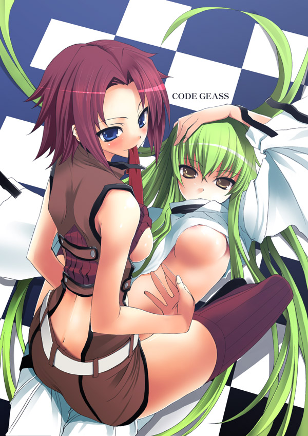 tatami to hinoki, c.c., kouzuki kallen, code geass, bad id, bad pixiv id, 00s, 2girls, bare shoulders, blue eyes, breasts, butt crack, clothes lift, green hair, large breasts, long hair, looking at viewer, lying, mouth hold, multiple girls, red hair, shirt lift, short hair, sleeveless, sleeveless turtleneck, thighhighs, turtleneck, yellow eyes, yuri