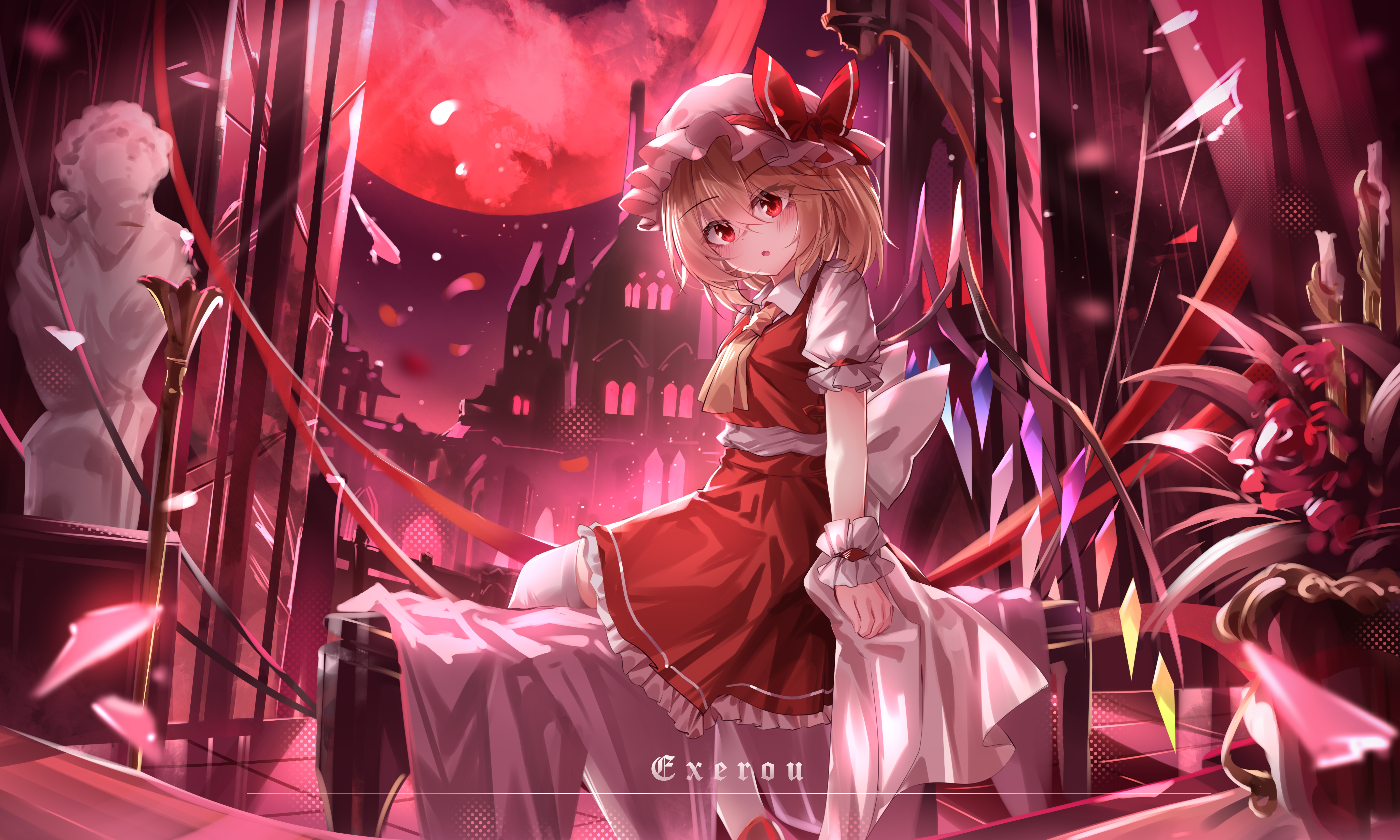 top-exerou, flandre scarlet, touhou, absurdres, commentary request, highres, 1girl, arm at side, artist name, ascot, back bow, blonde hair, blush, bow, broken glass, collared shirt, crossed bangs, eyelashes, eyes visible through hair, fang, feet out of frame, flower, frilled skirt, frilled wrist cuffs, frills, from behind, full moon, glass, hair between eyes, hat, hat bow, indoors, looking at viewer, looking back, medium hair, mob cap, moon, one side up, open mouth, open window, puffy short sleeves, puffy sleeves, red bow, red eyes, red flower, red moon, red rose, red skirt, red sky, red vest, rose, scarlet devil mansion, scenery, shirt, short sleeves, sitting, skirt, sky, solo, thighhighs, tsurime, vest, white bow, white hat, white shirt, white thighhighs, window, wrist cuffs, yellow ascot, zettai ryouiki