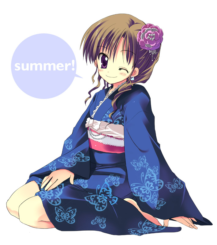 tatami to hinoki, original, bad id, 1girl, barefoot, blue kimono, brown hair, female focus, flower, hair flower, hair ornament, japanese clothes, kimono, one eye closed, purple eyes, seiza, sitting, smile, solo, wink, yukata