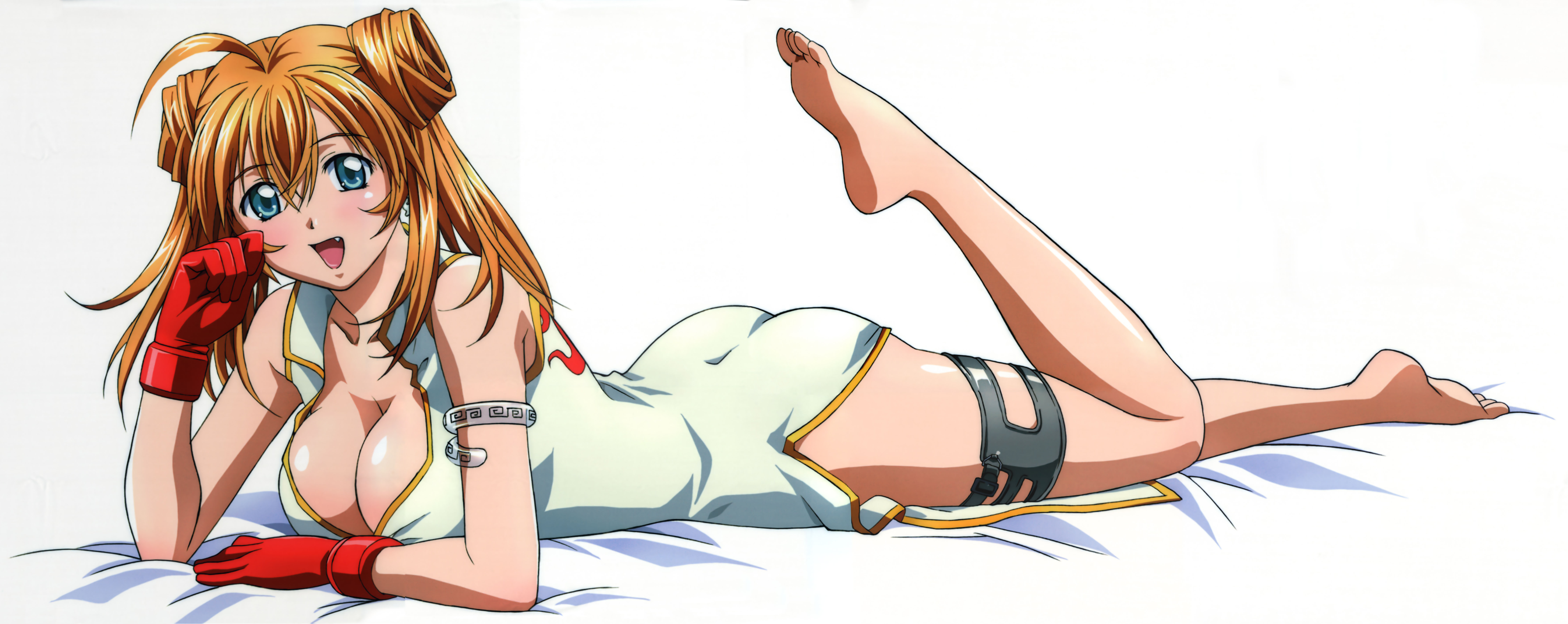 rin-sin, sonsaku hakufu, ikkitousen, absurdres, highres, long image, official art, scan, wide image, 00s, 1girl, :d, ahoge, alternate hairstyle, armlet, ass, bare shoulders, barefoot, blonde hair, blue eyes, blush, breasts, china dress, chinese clothes, cleavage, clenched hand, dakimakura (medium), donut hair bun, double bun, dress, earrings, fang, feet, female focus, from side, full body, gloves, hair between eyes, hair bun, happy, jewelry, large breasts, leg up, long hair, lying, magatama, on bed, open mouth, orange hair, red gloves, side slit, single earring, sleeveless, sleeveless dress, smile, soles, solo, thigh strap, transparent, twintails, white dress