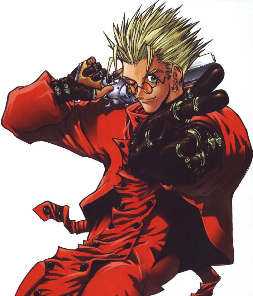 vash the stampede, trigun, official art, 1boy, agl arms .45 long colt, aqua eyes, blonde hair, break-action revolver, coat, crossed fingers, glasses, gloves, gun, handgun, high collar, long coat, low bore axis revolver, male focus, manly, one eye closed, red coat, revolver, short hair, smile, solo, spiked hair, sunglasses, v, weapon, wink