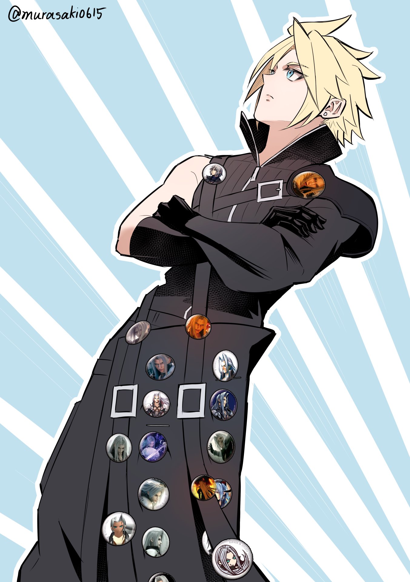 zi (murasaki0615), cloud strife, sephiroth, final fantasy, final fantasy vii, final fantasy vii advent children, commentary request, highres, 1boy, badge, black gloves, blonde hair, blue eyes, button badge, character badge, closed mouth, crossed arms, earrings, gloves, implied yaoi, jewelry, male focus, merchandise, oshi-katsu, short hair, single earring, spiked hair, waist cape