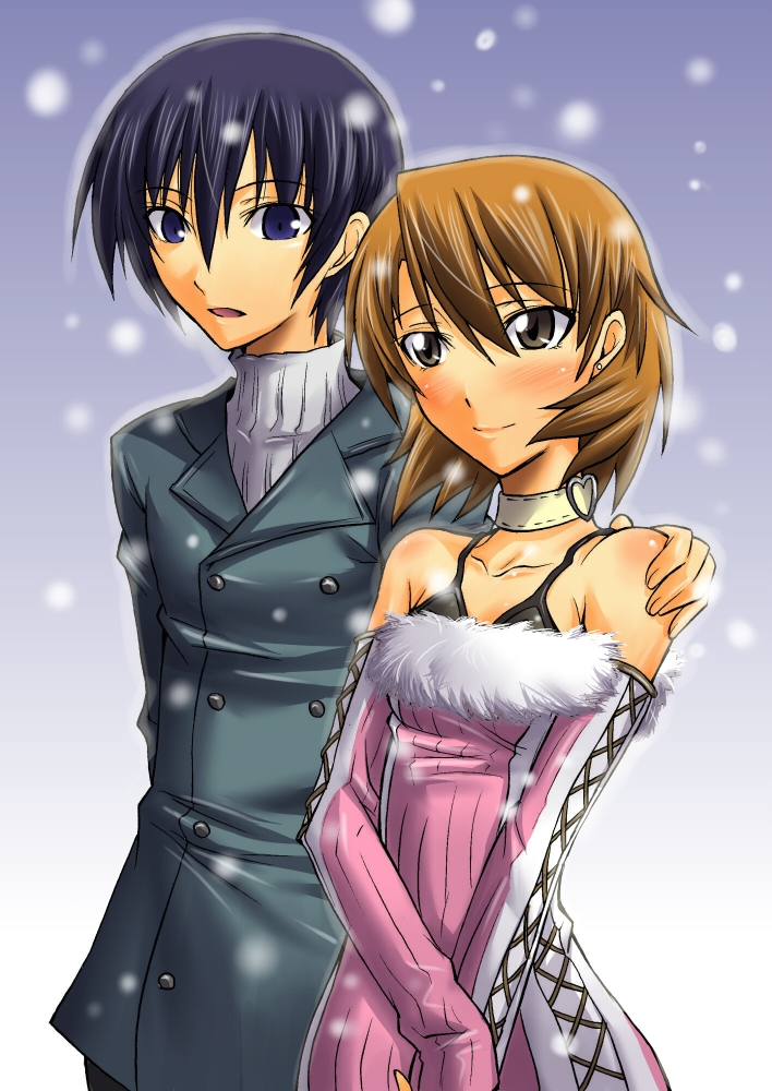 segami daisuke, takeba yukari, yuuki makoto (persona 3), atlus, persona, persona 3, fur, 1boy, 1girl, bare shoulders, blue eyes, blue hair, blush, brown eyes, brown hair, choker, couple, dress, hetero, official alternate costume, peacoat, short dress, short hair, snow, turtleneck