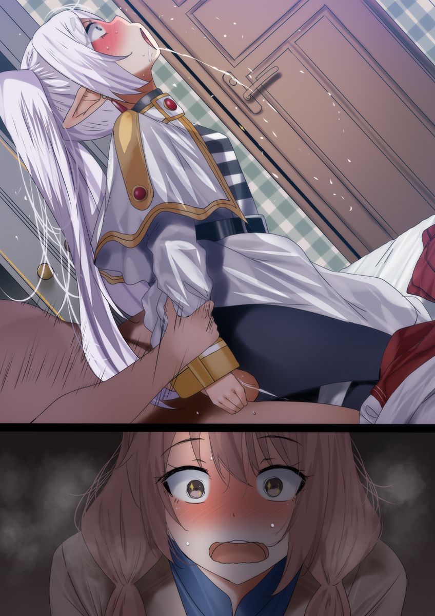 fumihiko (fu mihi ko), frieren, inui sajuna, sono bisque doll wa koi wo suru, sousou no frieren, highres, 1boy, 1girl, blush, bound, bound arms, breasts, clothed female nude male, clothed sex, hetero, long hair, nude, peeking, pointy ears, restrained, saliva, sex, sex from behind, small breasts, vaginal, white hair