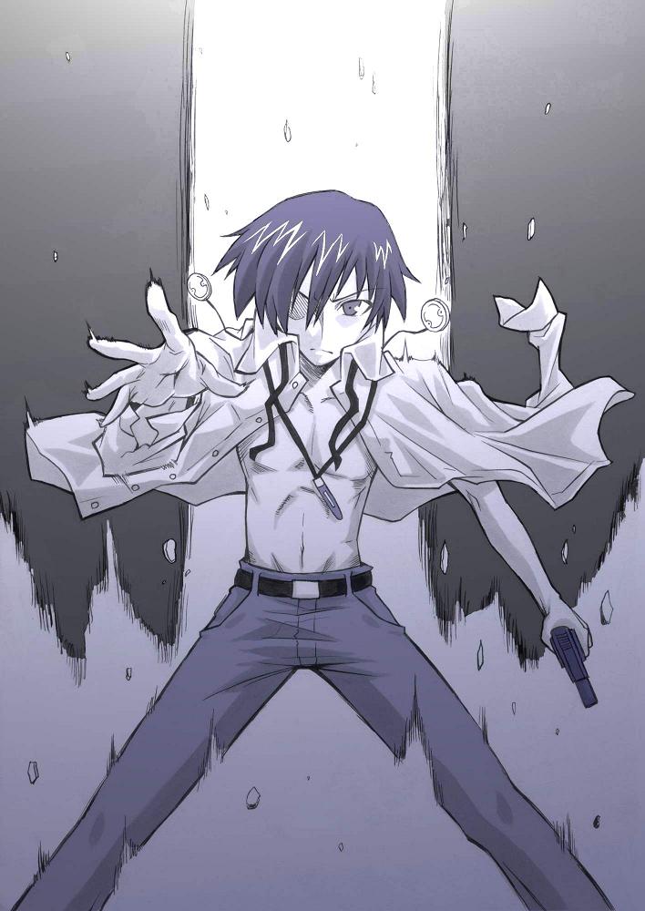 segami daisuke, yuuki makoto (persona 3), atlus, persona, persona 3, 1boy, blue eyes, blue hair, digital media player, digital walkman, earphones, evoker, gun, headphones, male focus, matching hair/eyes, monochrome, muscular, open clothes, open shirt, purple theme, shirt, solo, walkman nw-s203f, weapon
