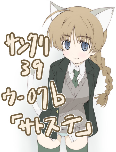 lynette bishop, strike witches, world witches series, 00s, 1girl, animal ears, braid, cat ears, cat tail, female focus, necktie, panties, single braid, solo, sweater, tail, thighhighs, underwear