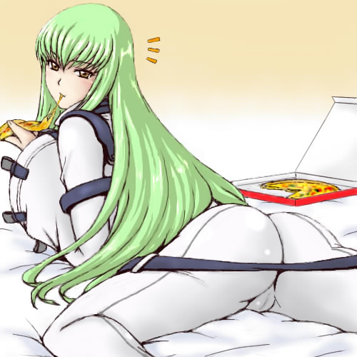 inomaru, c.c., code geass, lowres, 00s, 1girl, ass, bed, breasts, cameltoe, female focus, food, green hair, huge breasts, long hair, looking back, pizza, solo, strap, surprised