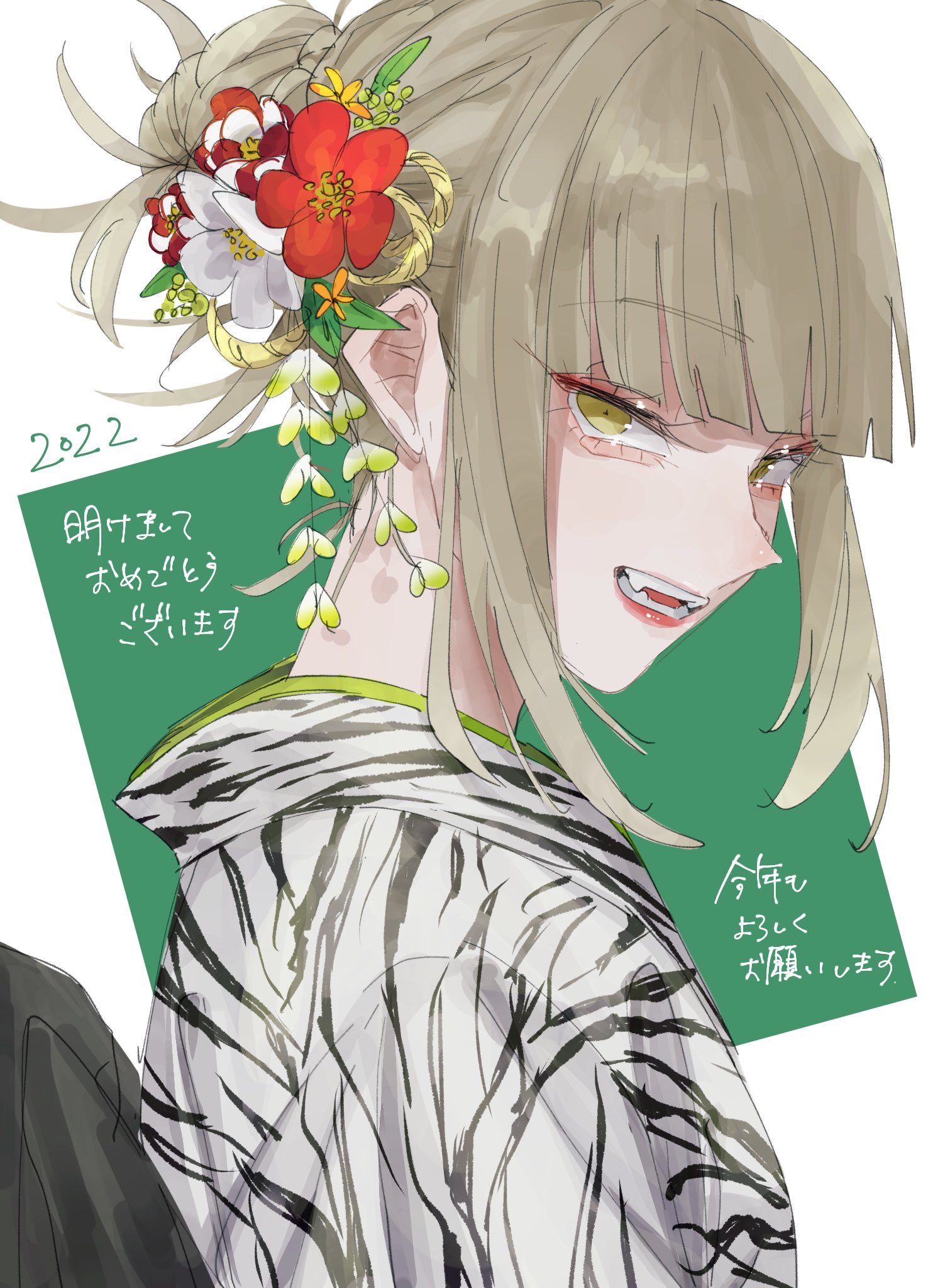 tsu yu ne, toga himiko, boku no hero academia, commentary request, highres, 1girl, 2022, blonde hair, blunt bangs, eyelashes, eyeshadow, flower, green background, green eyes, hair bun, hair flower, hair ornament, japanese clothes, kimono, makeup, no, obi, profile, red eyeshadow, sash, sidelocks, smile, solo, upper body