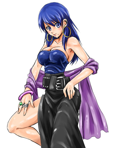 akogi, shante (arc the lad), arc the lad, arc the lad ii, lowres, 1girl, bare shoulders, blue eyes, blue hair, breasts, cleavage, earrings, female focus, jewelry, matching hair/eyes, simple background, solo, white background