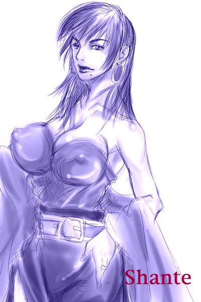 nousk, shante (arc the lad), arc the lad, arc the lad ii, 1girl, bare shoulders, belt, breasts, character name, cleavage, covered erect nipples, earrings, female focus, hand on own hip, jewelry, large breasts, lipstick, long hair, makeup, mole, monochrome, nipples, purple theme, solo