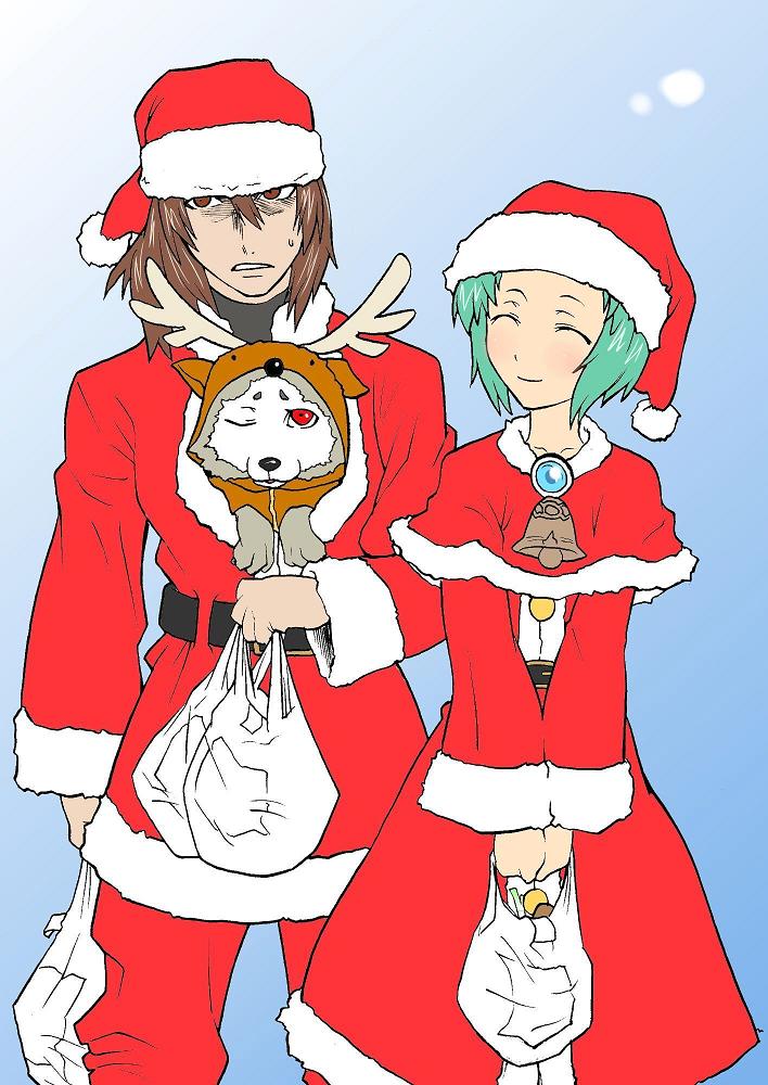 segami daisuke, aragaki shinjirou, koromaru (persona), yamagishi fuuka, atlus, persona, persona 3, bag, blush, brown hair, capelet, christmas, closed eyes, dog, grocery bag, santa costume, shopping bag, smile, sweatdrop, wink