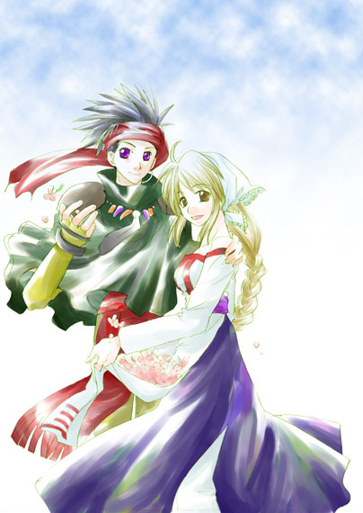 elc, elc (arc the lad), lieza (arc the lad), arc the lad, arc the lad ii, 1boy, 1girl, black hair, blonde hair, blue dress, brown eyes, dress, headband, long sleeves, looking at viewer, ninja, red eyes