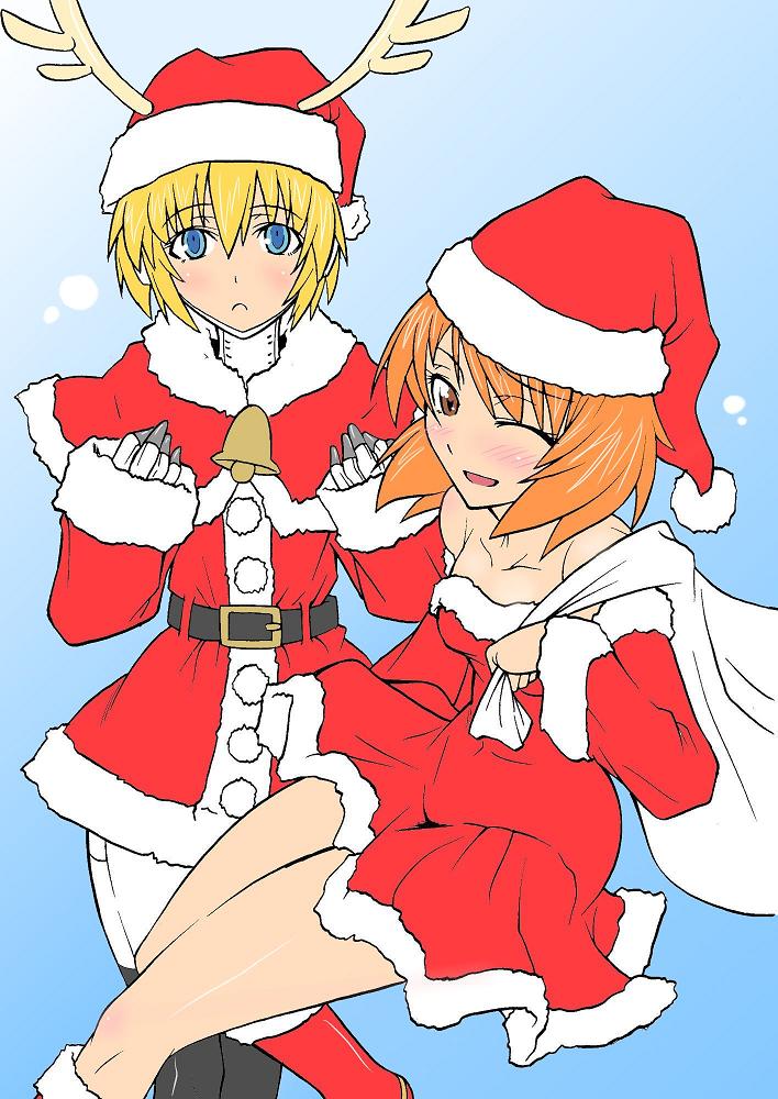 segami daisuke, aigis (persona), takeba yukari, atlus, persona, persona 3, 2girls, antlers, blonde hair, blush, brown hair, capelet, christmas, dress, fur (clothing), hat, horns, multiple girls, santa costume, santa hat, short dress, short hair