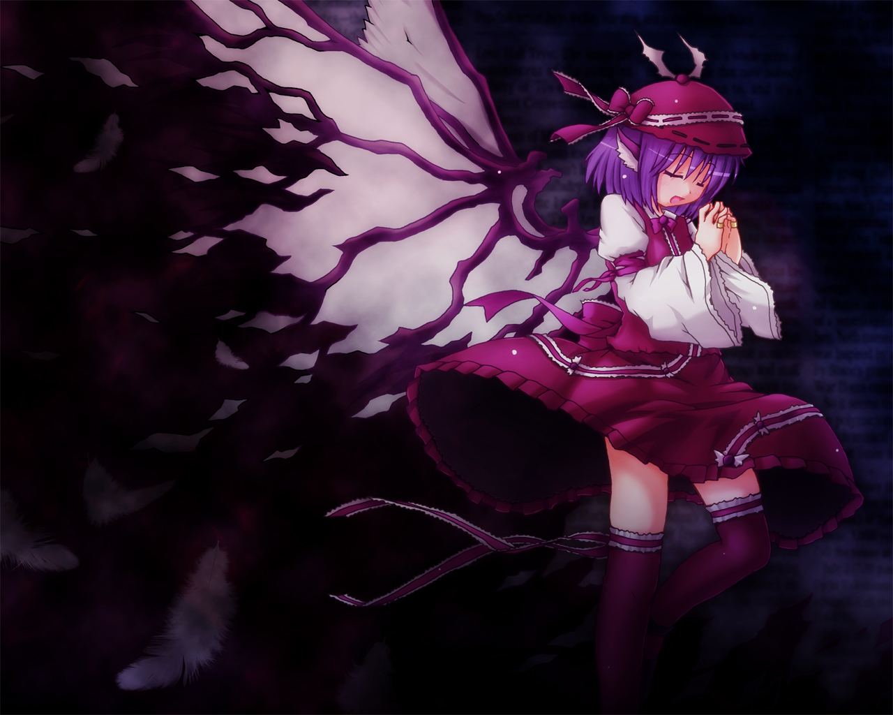 etogami kazuya, mystia lorelei, touhou, 1girl, black background, female focus, hat, pink hair, ribbon, short hair, solo, standing, wings