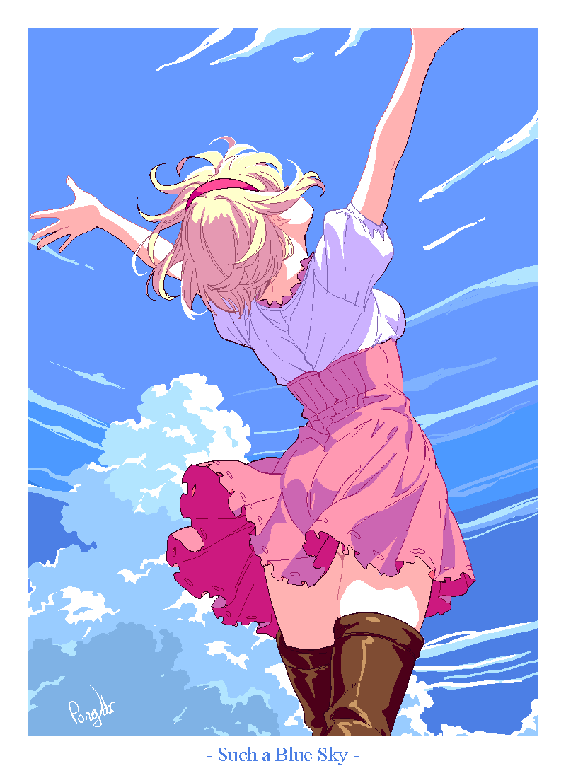 pongldr, djeeta (granblue fantasy), fighter (granblue fantasy), granblue fantasy, commentary, english commentary, 1girl, arms up, artist name, blonde hair, blue sky, boots, breasts, brown boots, cloud, english text, facing away, from behind, hairband, high-waist skirt, medium breasts, pink hairband, pink skirt, shirt, short hair, short sleeves, signature, skirt, sky, solo, thigh boots, thighhighs, white shirt
