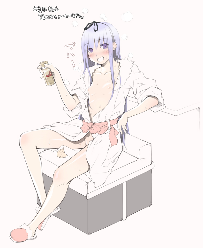 ooji, original, 1girl, alcohol, blush, breasts, drunk, female focus, flat chest, legs, open clothes, purple eyes, purple hair, robe, sake, solo