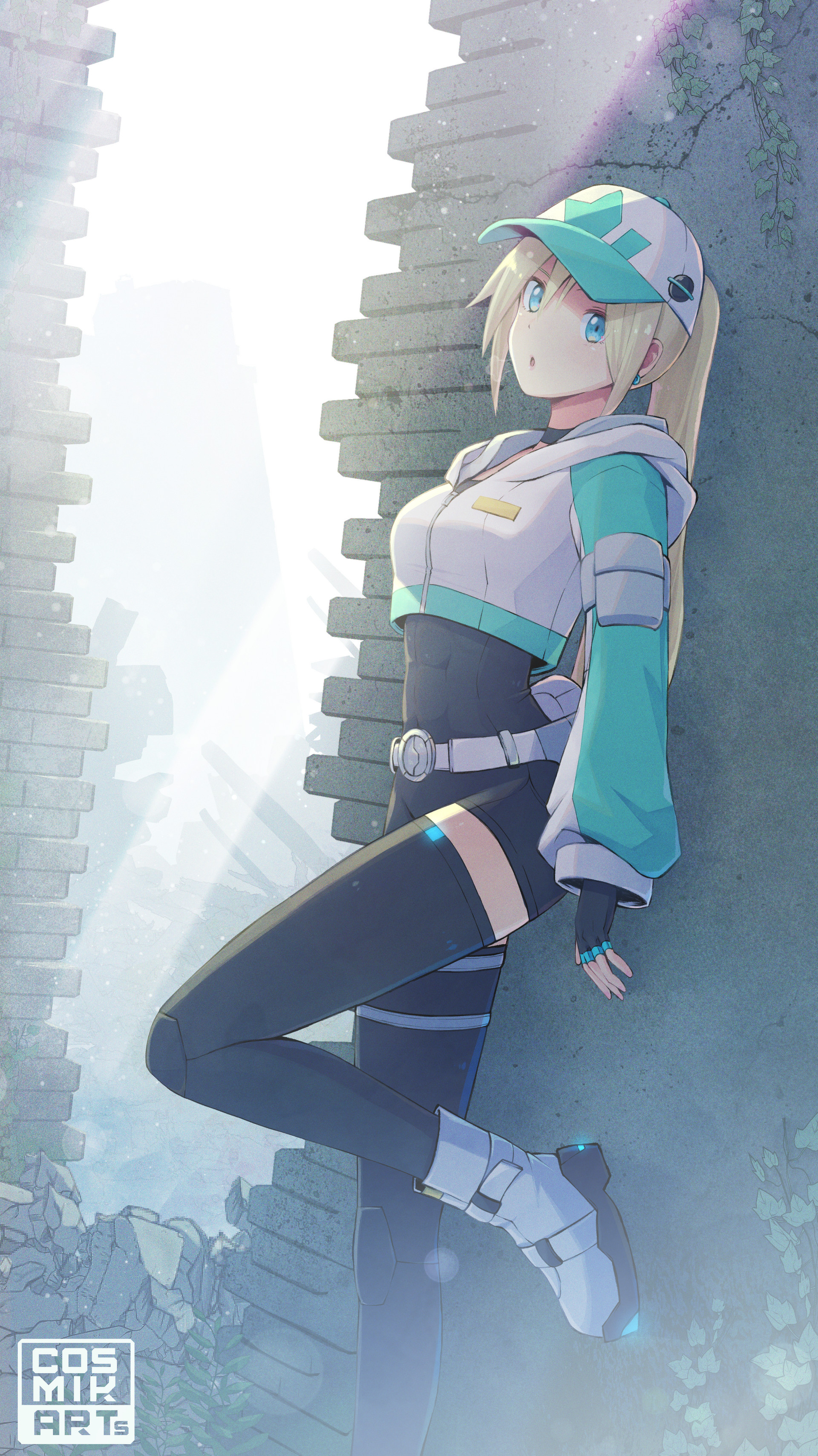 cosmik arts, ace (cosmik arts), original, absurdres, commentary, english commentary, highres, 1girl, :o, abs, against wall, aqua eyes, artist name, baseball cap, belt, black gloves, black thighhighs, blonde hair, bodysuit, bodysuit under clothes, boots, covered abs, crack, cropped jacket, debris, earrings, fingerless gloves, gloves, grey belt, grey boots, hat, hood, hood down, hooded jacket, jacket, jewelry, light particles, light rays, long hair, long sleeves, looking at viewer, open mouth, ponytail, ruins, solo, thighhighs, toned, toned female, white hat, white jacket, zipper