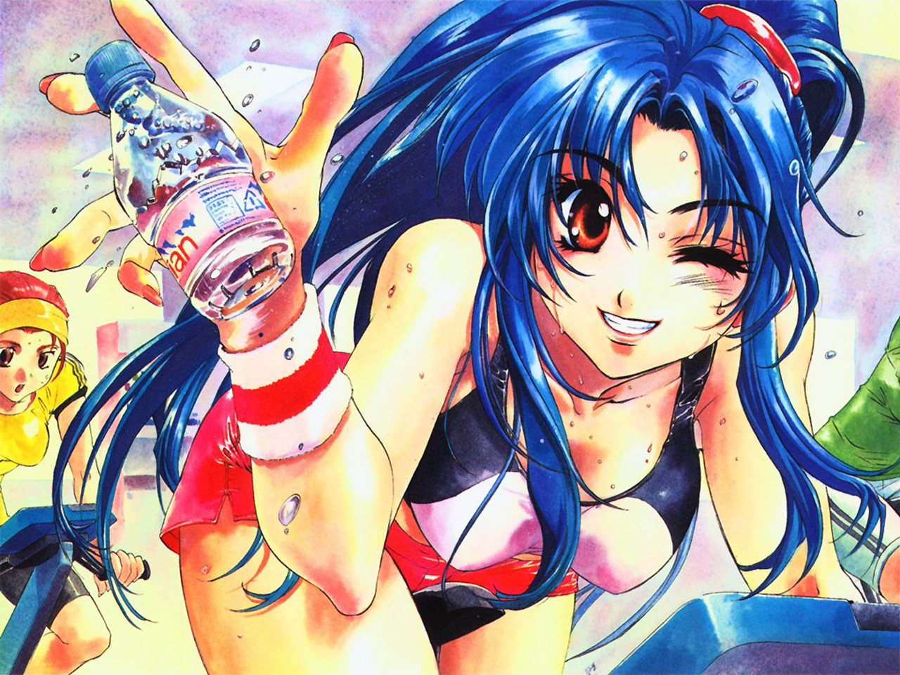 shikidouji, chidori kaname, full metal panic!, 00s, blue hair, bottle, exercising, nail polish, one eye closed, solo, sweat, water bottle, wink