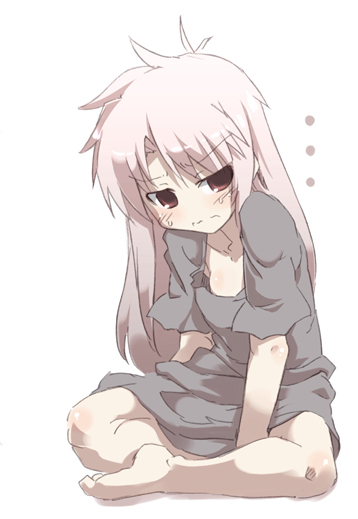 tokyo (great akuta), emiya shirou, shirouko, fate/stay night, fate (series), gender request, 00s, 1girl, barefoot, blush, crossed legs, female focus, full body, genderswap, indian style, pink hair, red eyes, simple background, sitting, solo, white background