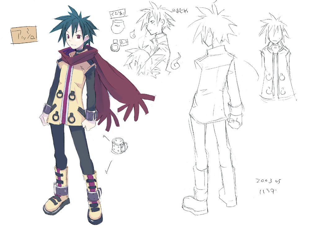 harada takehito, ash (phantom brave), phantom brave, concept art, 1boy, ankle boots, belt, boots, buckle, full body, green hair, lineart, male focus, multiple views, pants, red scarf, scarf, spiked hair, standing, wrist cuffs