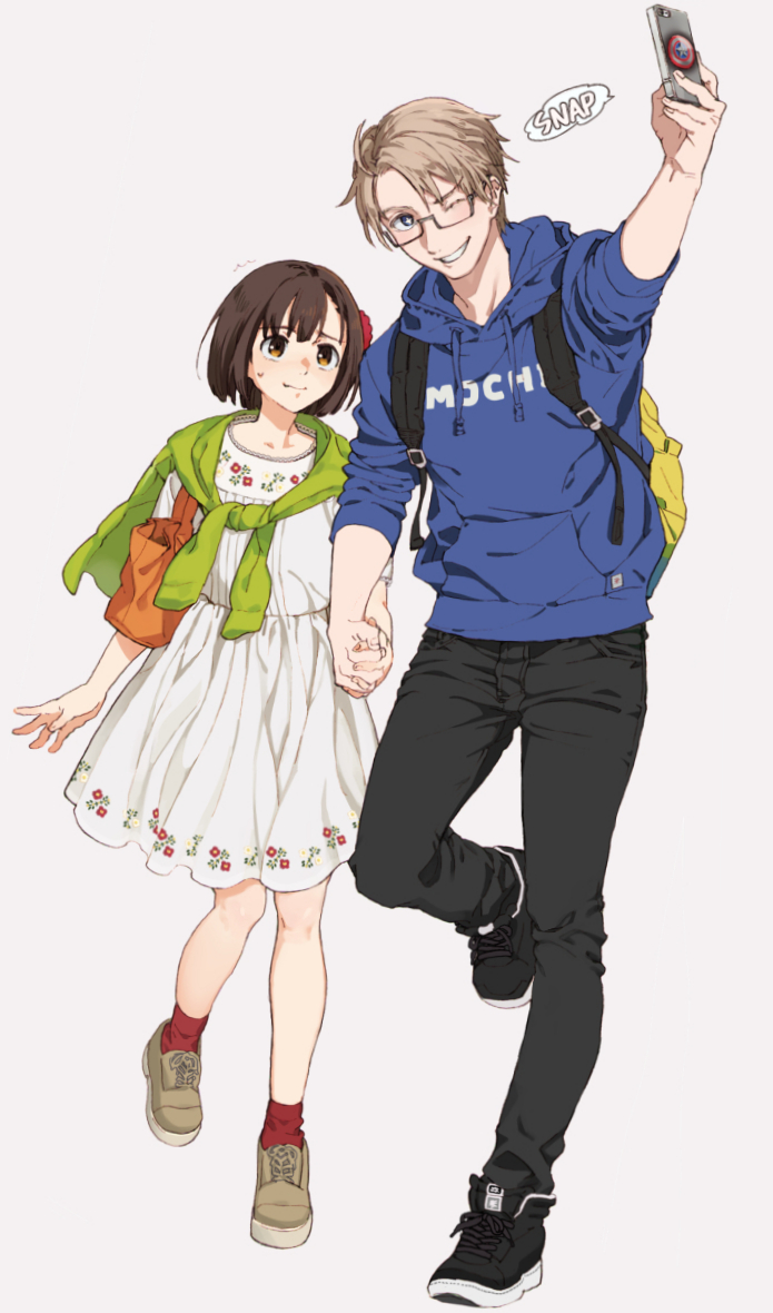america (hetalia), japan (female) (hetalia), japan (hetalia), axis powers hetalia, commentary request, 1boy, 1girl, ^^^, ahoge, ankle socks, arm at side, arm up, backpack, bag, black hair, black pants, black shoes, blonde hair, blue eyes, blue hoodie, bob cut, brown eyes, brown shoes, captain america's shield, cellphone, collarbone, couple, curtained hair, dress, english text, floral print, floral print dress, flower, full body, genderswap, genderswap (mtf), glasses, green jacket, grin, hair flower, hair ornament, hetero, holding hands, hood, hood down, hoodie, interlocked fingers, jacket, jacket around neck, knees together feet apart, looking at phone, looking up, medium dress, metsunemaji83, nervous smile, one eye closed, orange bag, outstretched arm, pants, parted bangs, parted hair, phone, print dress, print hoodie, raised inner eyebrows, rectangular eyewear, red socks, selfie, shoes, short hair, short sleeves, shoulder bag, side-by-side, simple background, sleeves pushed up, smartphone, smile, sneakers, socks, sound effects, standing, standing on one leg, sweatdrop, white background, white dress, yellow bag