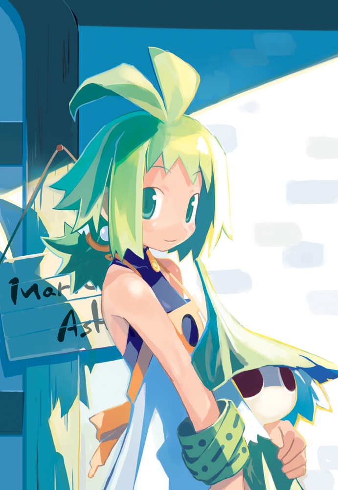 harada takehito, marona (phantom brave), putty, putty (phantom brave), phantom brave, 1girl, ahoge, bare shoulders, dress, earrings, flat chest, green eyes, green hair, jewelry, long hair, ponytail, wristband
