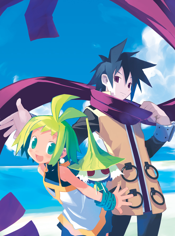 harada takehito, ash (phantom brave), marona (phantom brave), putty, putty (phantom brave), phantom brave, striped, 1boy, 1girl, ahoge, bare shoulders, black hair, cloud, day, dress, earrings, flat chest, green eyes, green hair, jewelry, long sleeves, outstretched arms, ponytail, red eyes, scarf, sky, wristband