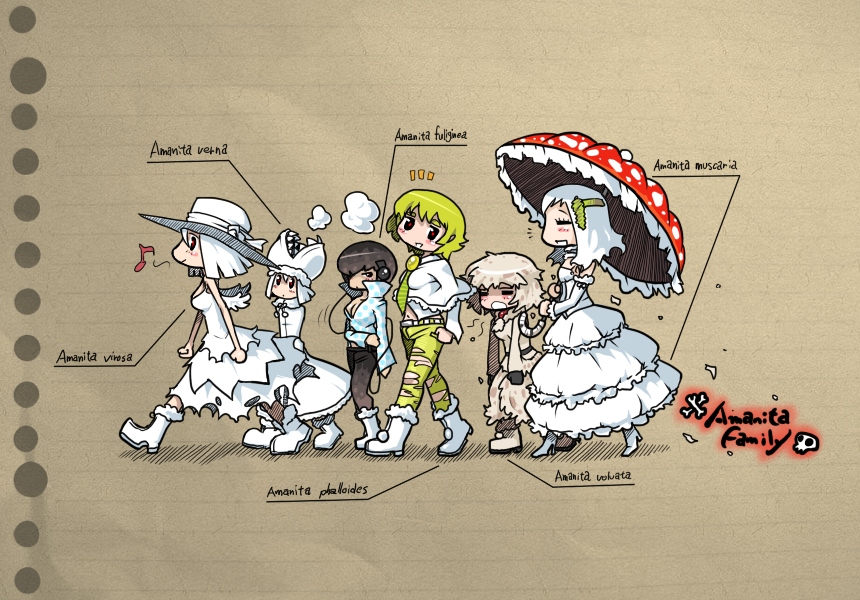 oso (toolate), amanita fuliginea, amanita muscaria, amanita phalloides, amanita verna, amanita virosa, amanita volvata, original, oso-teki kinoko gijinka zukan, 6+girls, albino, bare shoulders, belt, blonde hair, blush, boots, brown hair, chibi, closed eyes, coat, detached sleeves, dress, green hair, hat, headphones, midriff, multiple girls, mushroom, necktie, personification, red eyes, sleeveless, smile, torn clothes, umbrella, white hair, wings