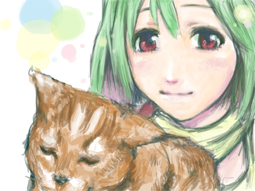 ranka lee, macross, macross frontier, 00s, blush, cat, green hair, red eyes, short hair, smile, solo