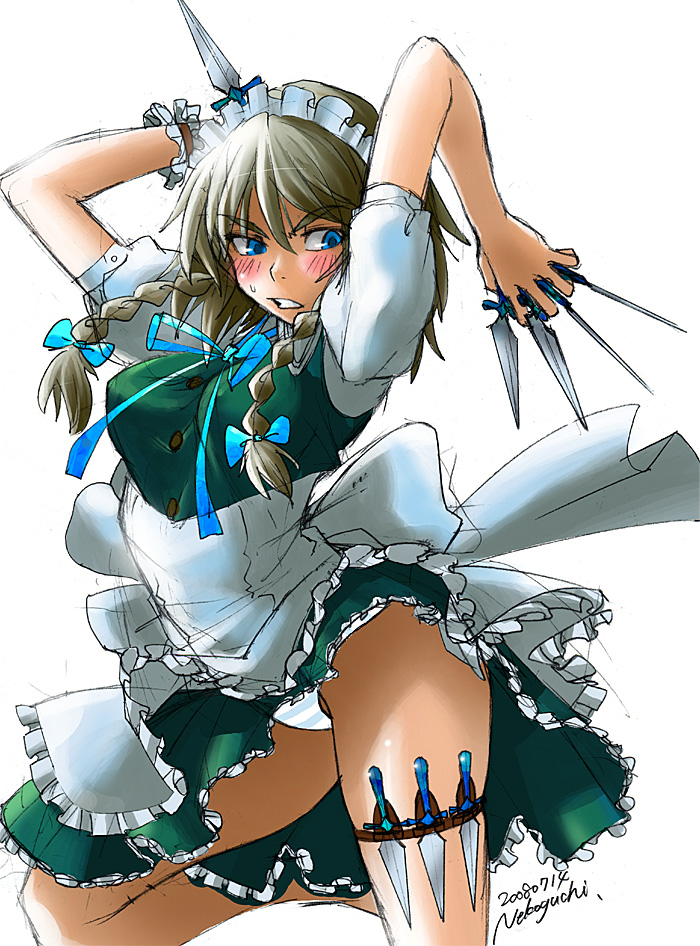 nekoguchi, izayoi sakuya, touhou, silver hair, 1girl, angry, between fingers, blush, braid, female focus, holding, knife, maid, panties, pantyshot, ribbon, short hair, solo, striped clothes, striped panties, throwing knife, twintails, underwear, upskirt, weapon