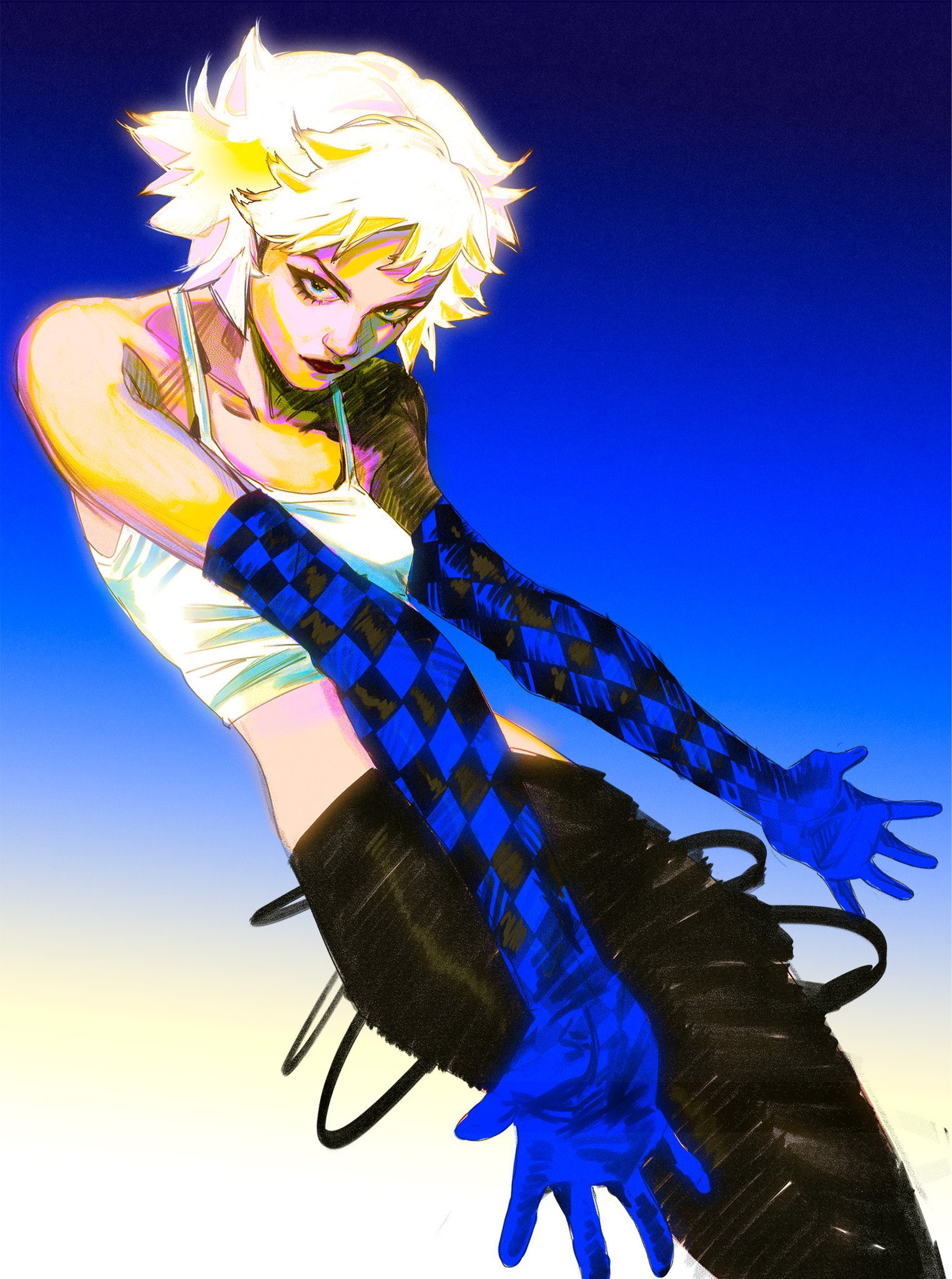 diberkato, original, highres, 1girl, black pants, blonde hair, blue background, blue eyes, blue gloves, closed mouth, crop top, elbow gloves, eyelashes, gloves, gradient background, looking at viewer, makeup, mascara, pants, short hair, v-shaped eyebrows, white background