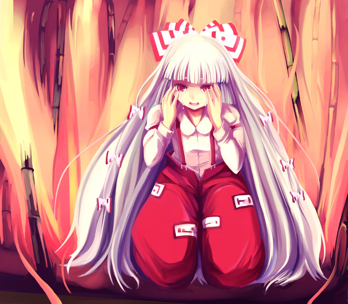 mishima hiroji, fujiwara no mokou, touhou, 1girl, crying, crying with eyes open, female focus, fire, long hair, ribbon, solo, suspenders, tears, white hair