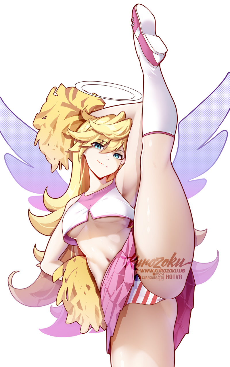 hot vr, panty (psg), panty & stocking with garterbelt, commentary, english commentary, highres, 1girl, alternate costume, blonde hair, blue eyes, breasts, cheerleader, closed mouth, hair between eyes, holding, holding pom poms, long hair, looking at viewer, medium breasts, midriff, navel, panties, pink skirt, pom pom (cheerleading), pom poms, simple background, skirt, smile, solo, split, standing, standing on one leg, standing split, striped clothes, striped panties, subscribestar username, thighhighs, underboob, underwear, watermark, white background, white thighhighs