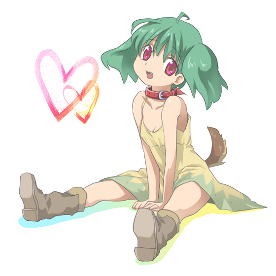 ranka lee, macross, macross frontier, 00s, 1girl, collar, dress, female focus, green hair, heart, red eyes, shoes, short hair, sitting, solo, spread legs, tail, twintails, white background