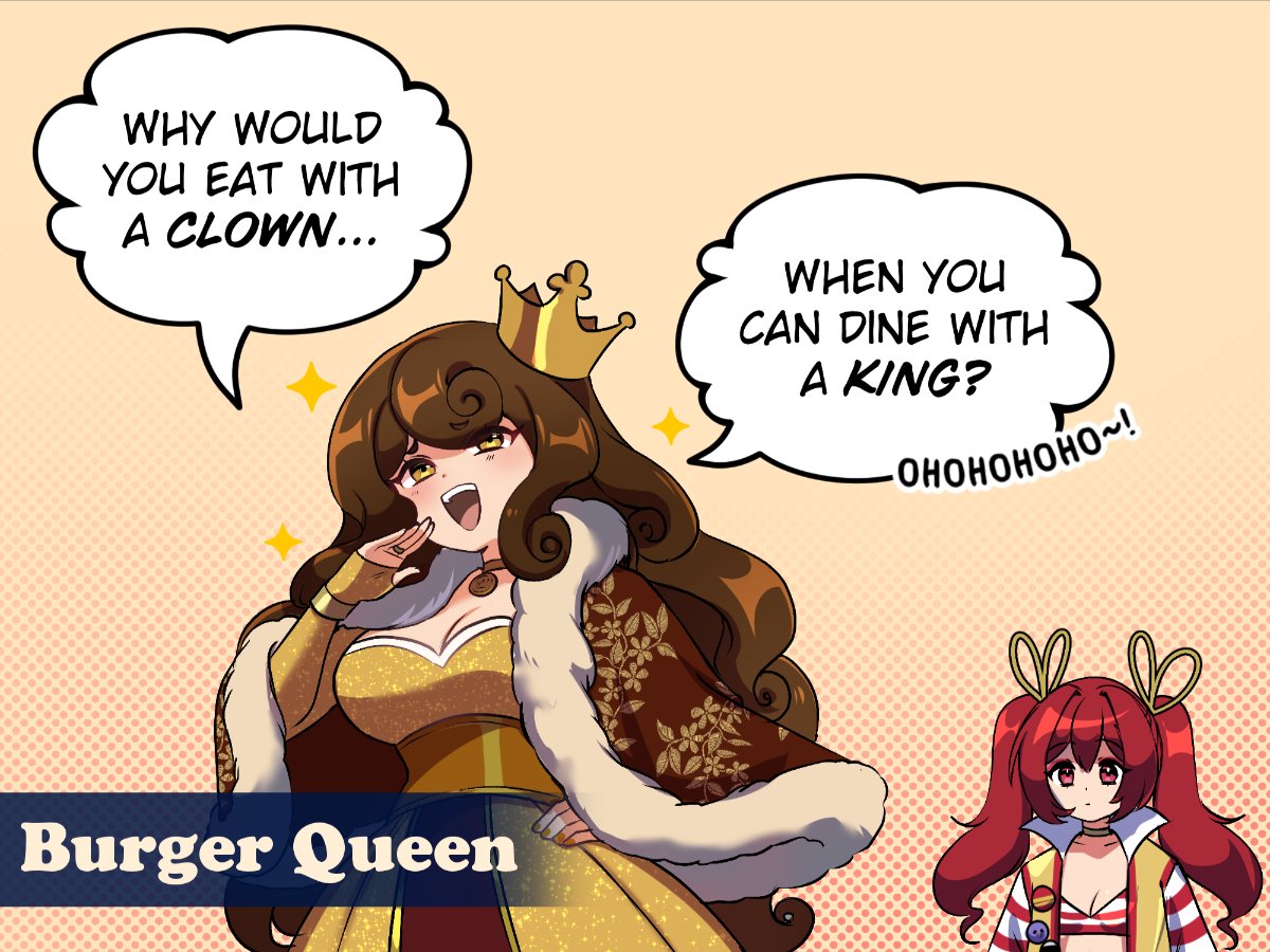 merryweather, ryuuxin, burger king, mcdonald's, wcdonald's, commentary, english commentary, 2girls, breasts, brown cape, brown choker, brown hair, cape, choker, cleavage, closed mouth, crown, double-parted bangs, dress, english text, hand up, large breasts, laughing, long hair, long sleeves, looking at another, looking at viewer, mini crown, multiple girls, open mouth, parted bangs, personification, red eyes, red hair, simple background, small breasts, smile, sparkle, speech bubble, talking, twintails, yellow background, yellow dress, yellow eyes